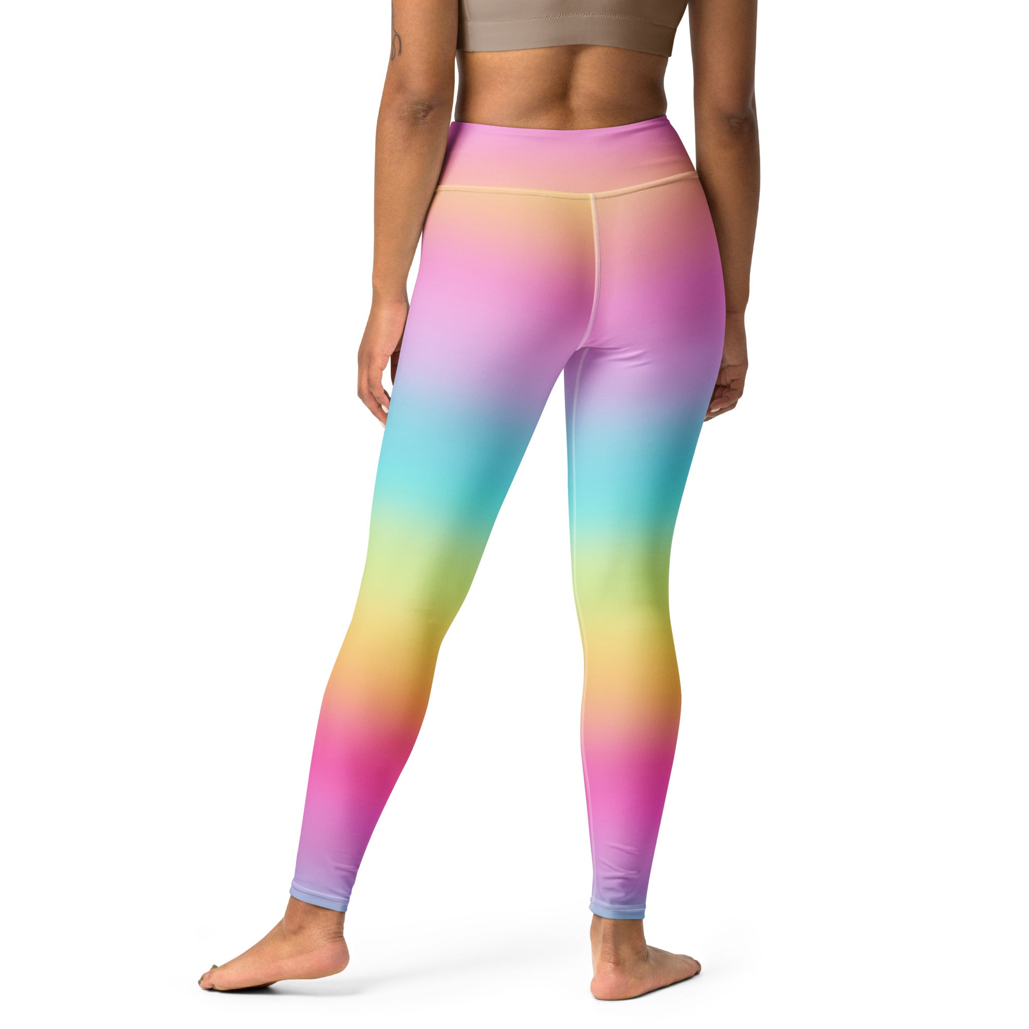 Women’s bright rainbow high waisted yoga leggings in a smooth stretchy buttery soft fabric