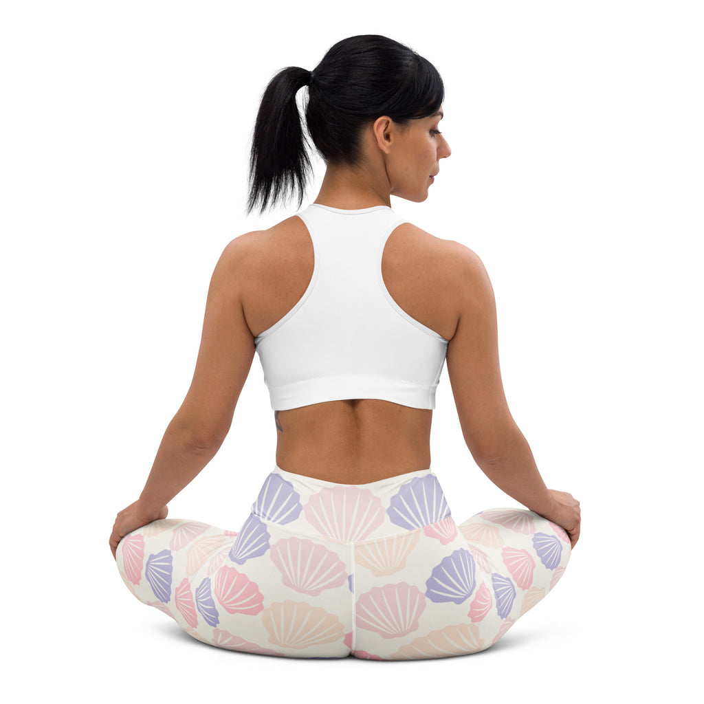 Women’s pastel seashell buttery soft yoga leggings in soft lavender pink and cream tones with seashell pattern