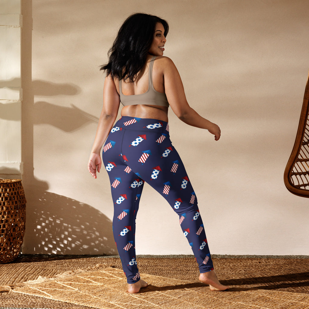 Women’s 4th of july buttery soft navy blue yoga leggings with red white and blue firework and soccer ball pattern