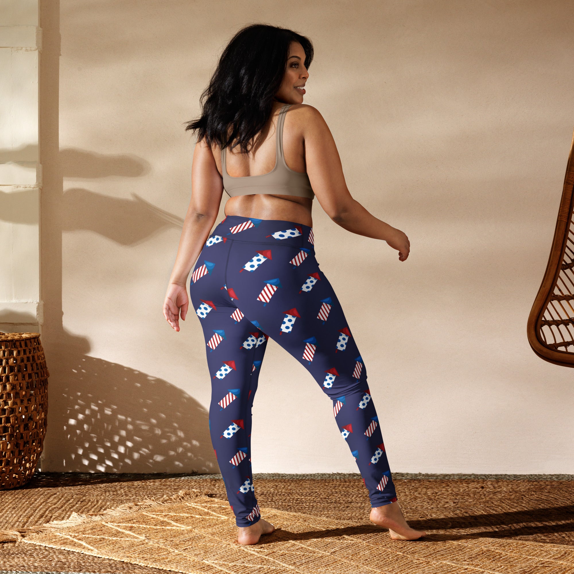 Women’s 4th of july buttery soft navy blue yoga leggings with red white and blue firework and soccer ball pattern