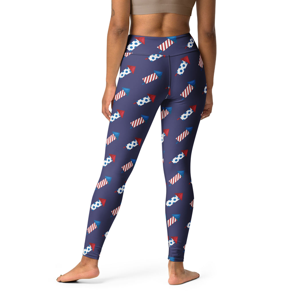 Women’s navy blue 4th of july firework rocket buttery soft yoga leggings with red white and blue fireworks pattern