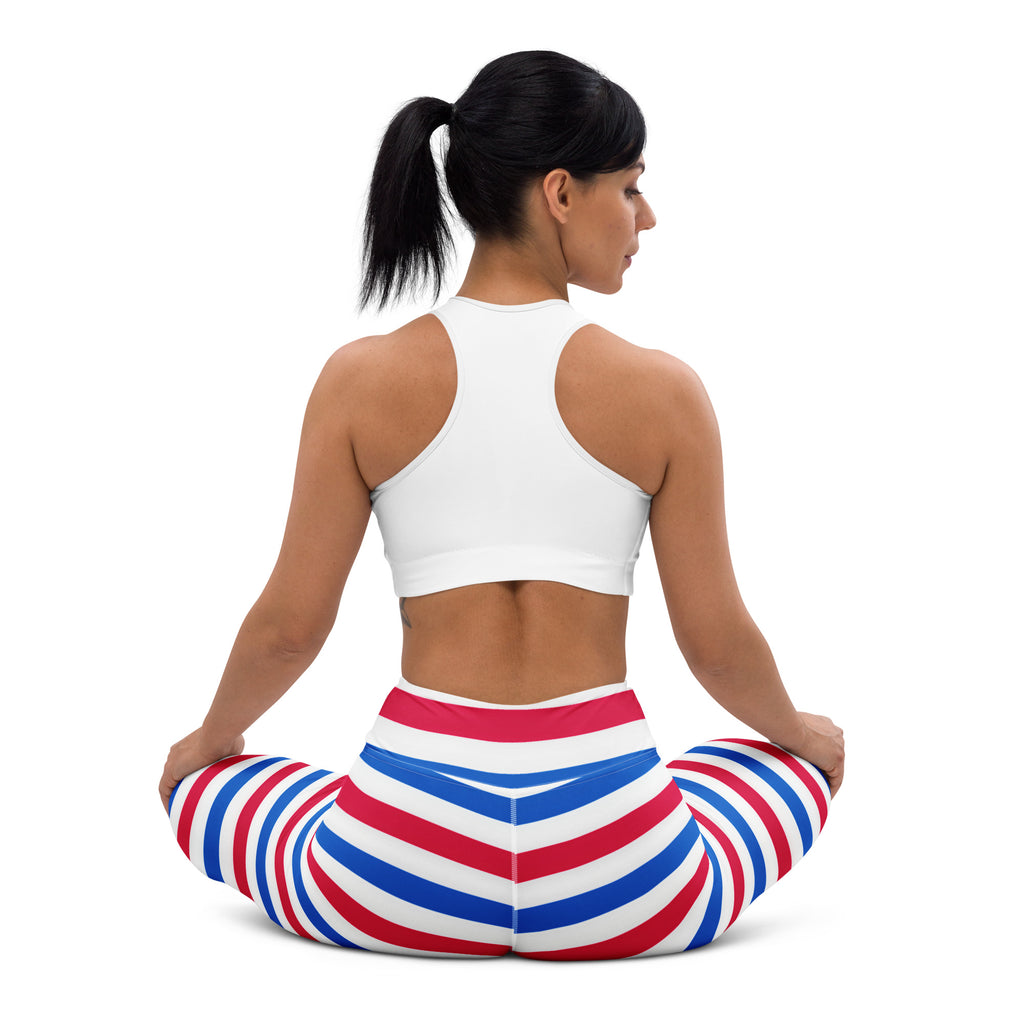 Women’s striped 4th of july buttery soft high-waisted yoga leggings in red white and blue for festive workouts