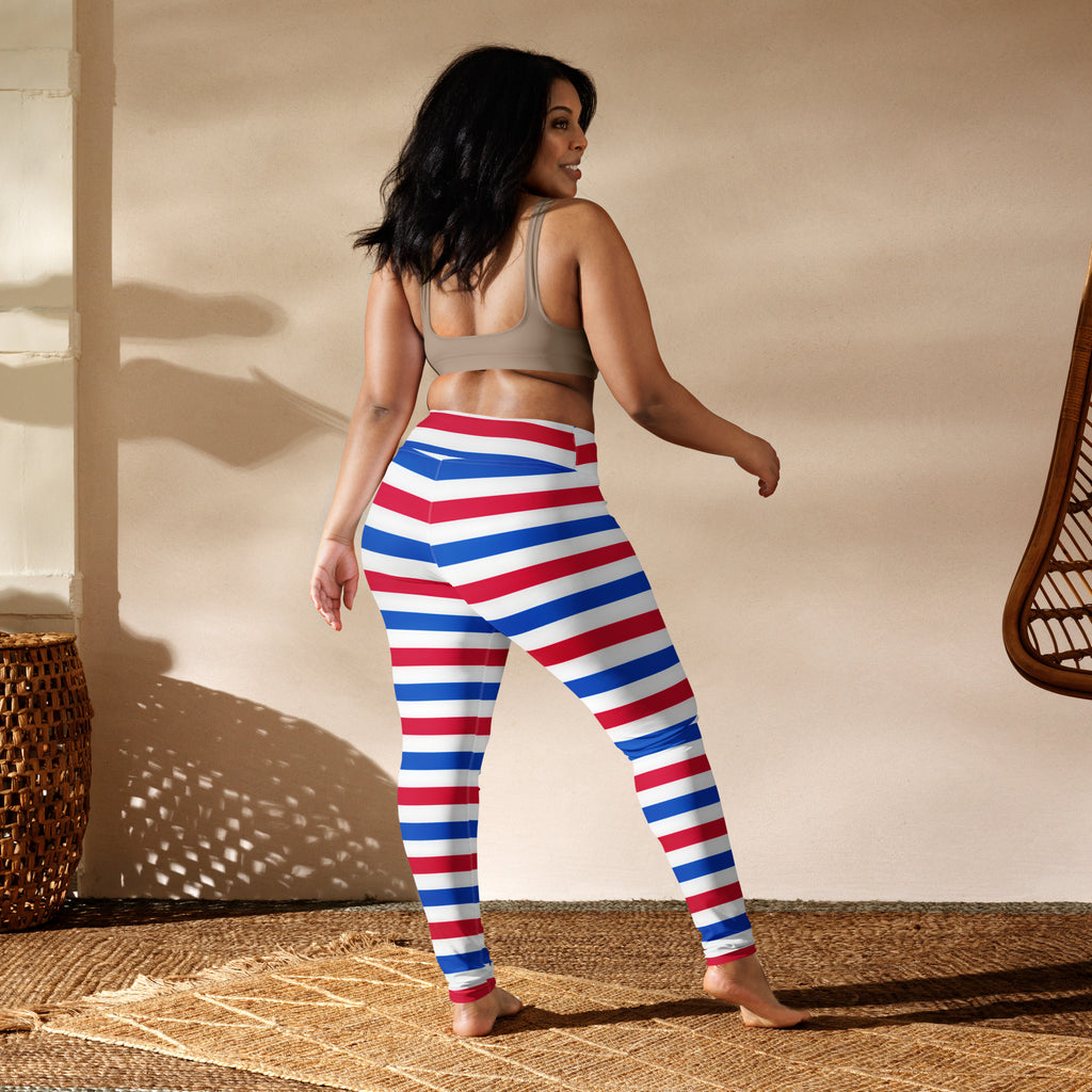 Women’s high-waisted red white and blue striped buttery soft yoga leggings for 4th of july celebration