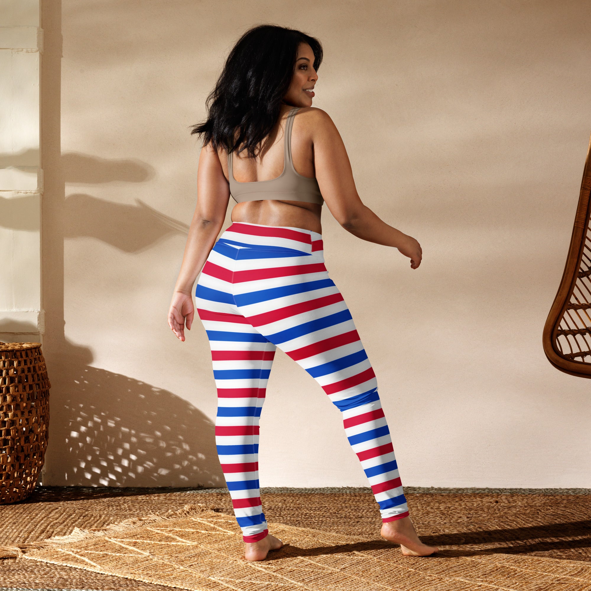 Women’s high-waisted red white and blue striped buttery soft yoga leggings for 4th of july celebration