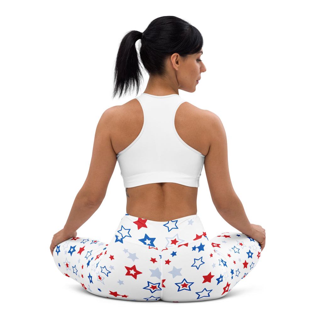 White buttery soft yoga leggings with vibrant red white and blue stars for women usa stars design