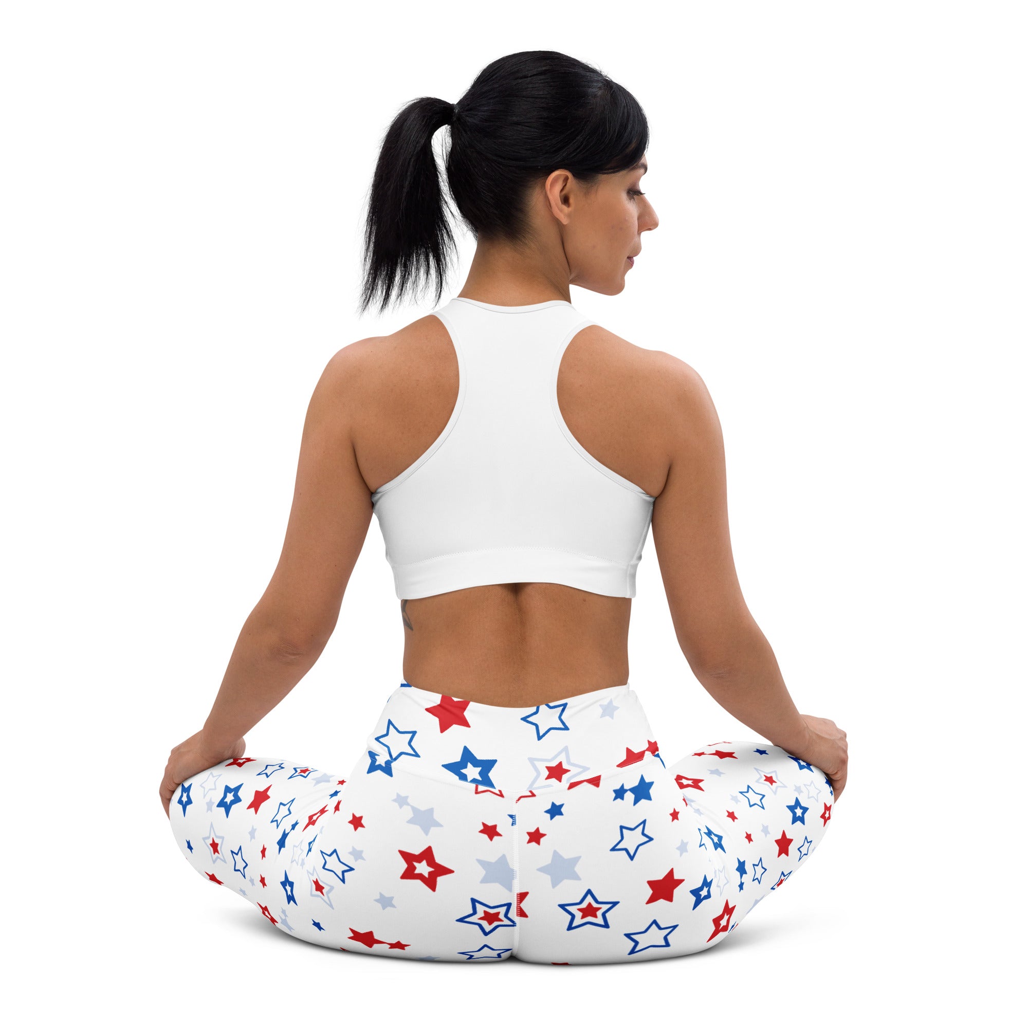 White buttery soft yoga leggings with vibrant red white and blue stars for women usa stars design