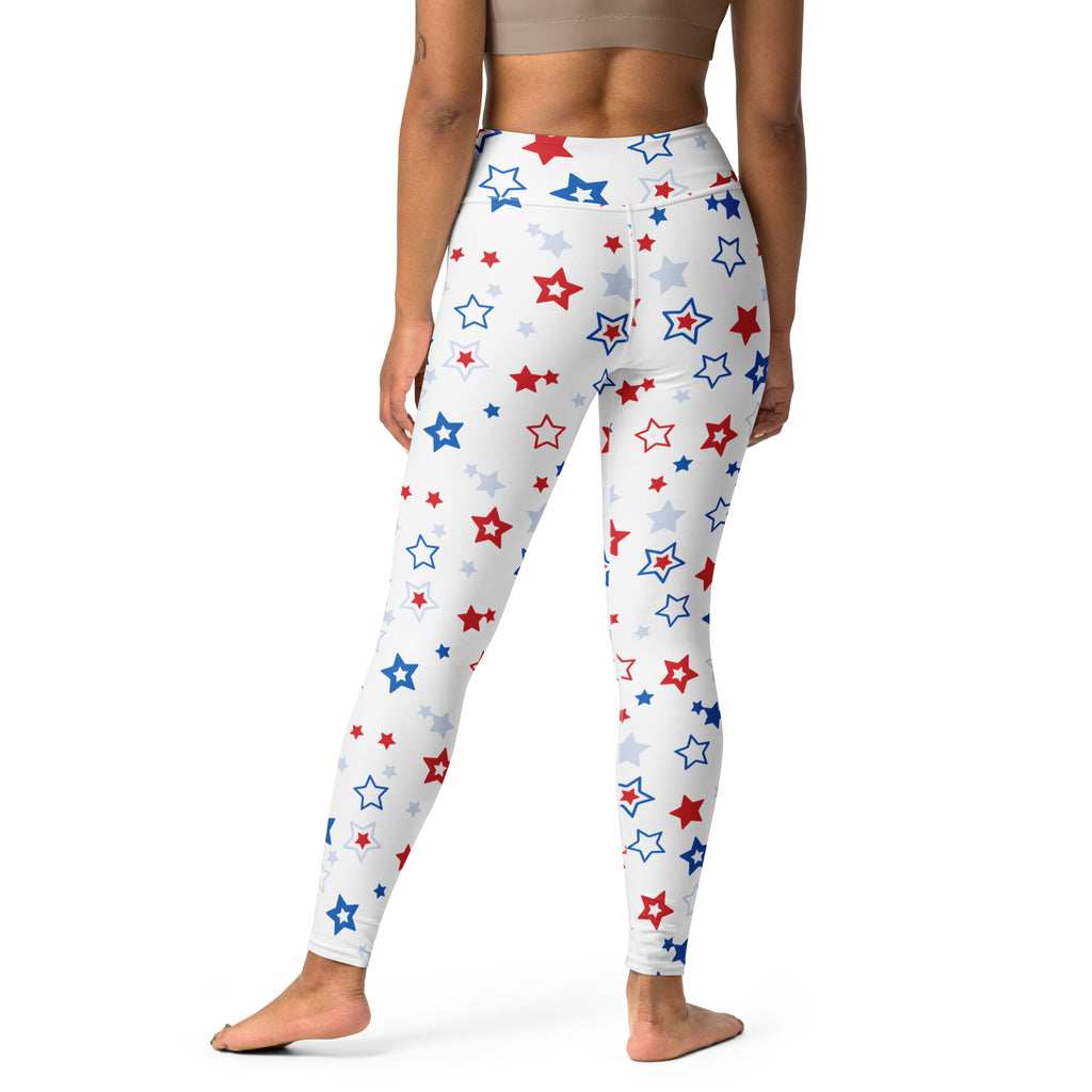 White buttery soft yoga leggings for women with vibrant red blue and silver star pattern for usa patriotic style