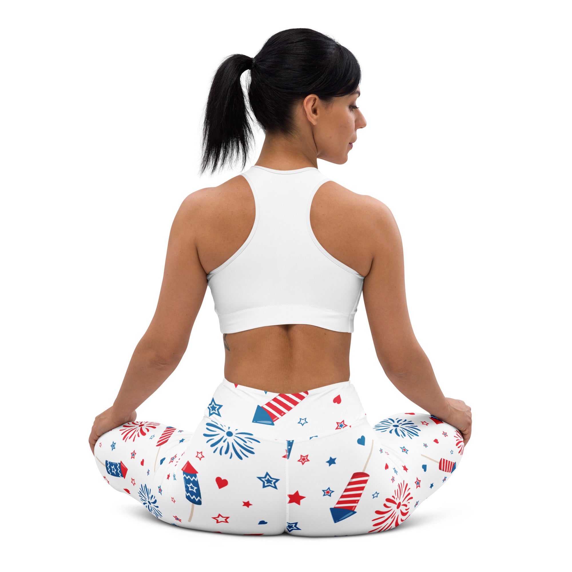 White buttery soft women’s yoga leggings with red white and blue fireworks and stars pattern