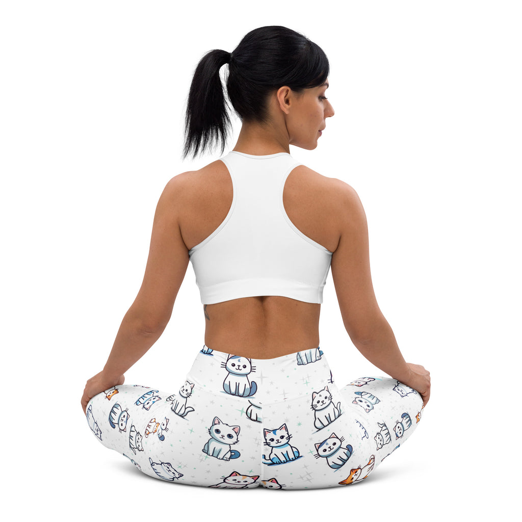 White buttery soft women’s yoga leggings with playful cartoon cat pattern in blue gray and orange shades