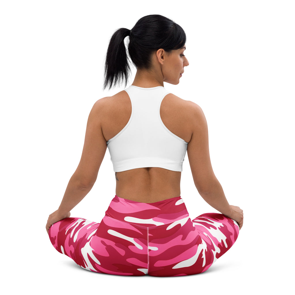 Women’s pink and white camouflage buttery soft yoga leggings designed for comfort and flexibility during workouts