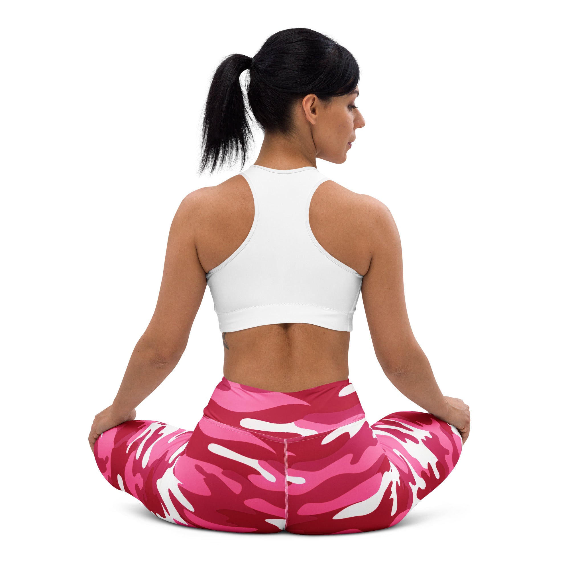 Women’s pink and white camouflage buttery soft yoga leggings designed for comfort and flexibility during workouts