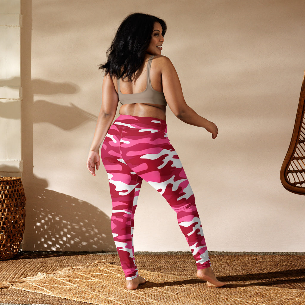 Women’s pink and white camouflage buttery soft yoga leggings shown from the back with a comfortable fit