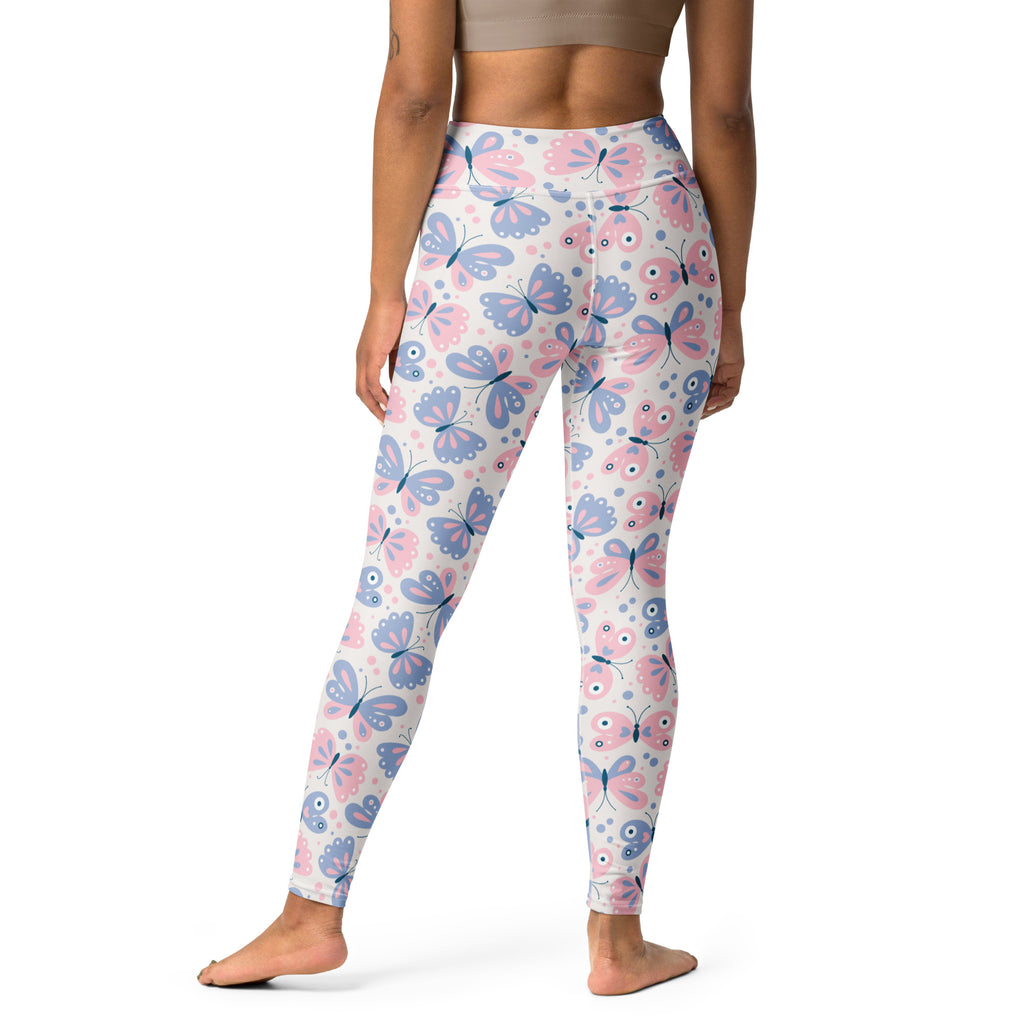 Women’s buttery soft high-waisted yoga leggings with pink and blue butterfly pattern for comfortable wear