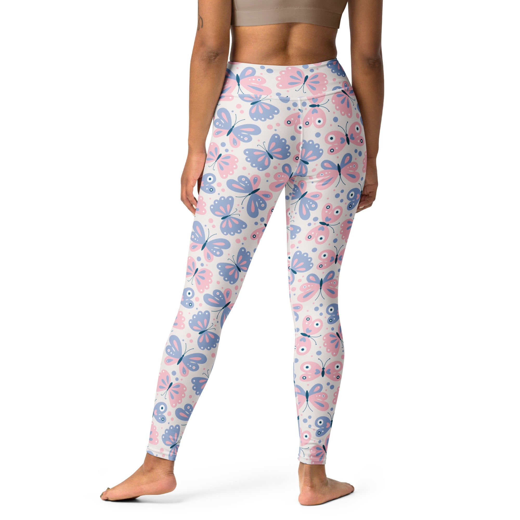 Women’s buttery soft high-waisted yoga leggings with pink and blue butterfly pattern for comfortable wear