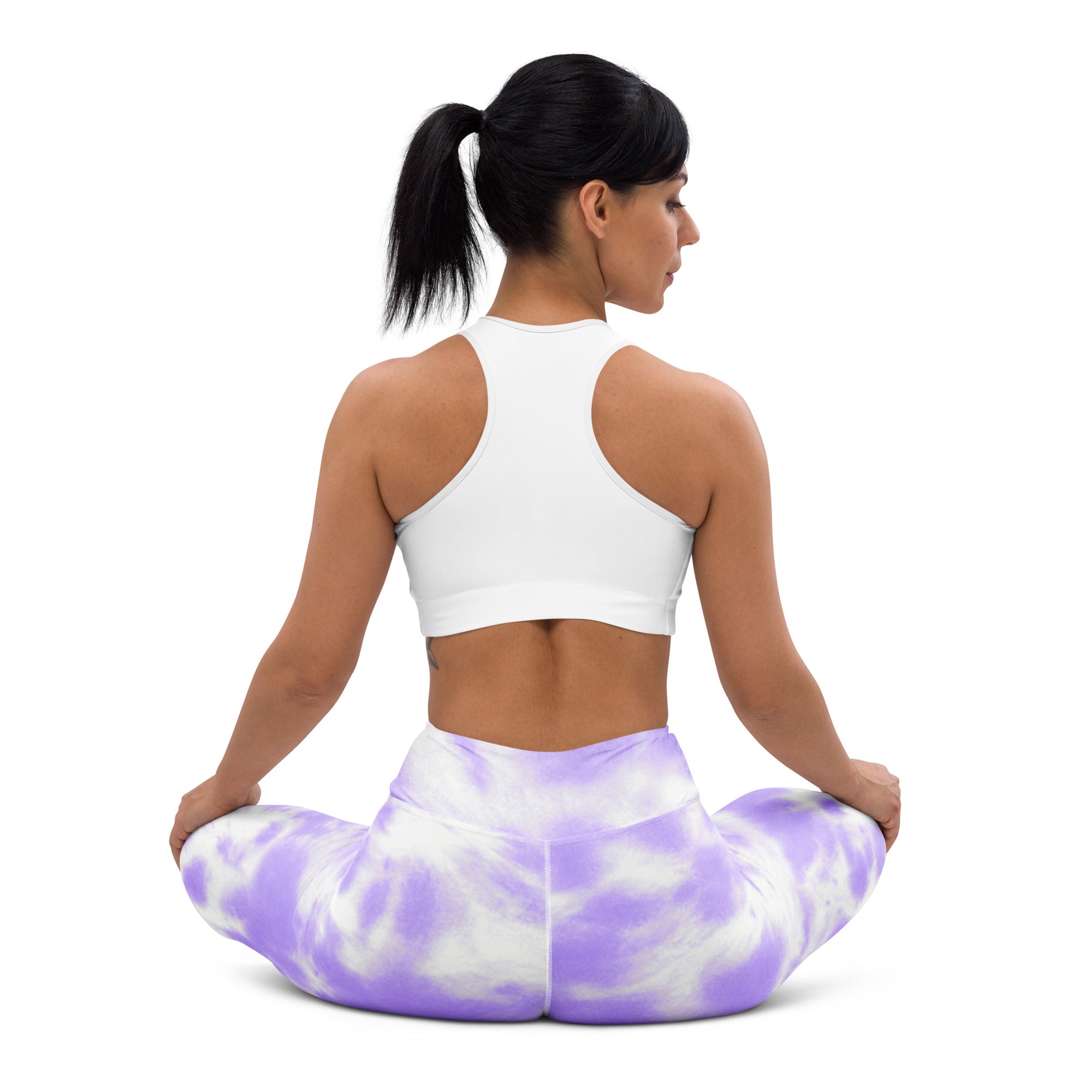 Women’s purple tie dye buttery soft yoga leggings in lavender and white with a comfortable stretch fit
