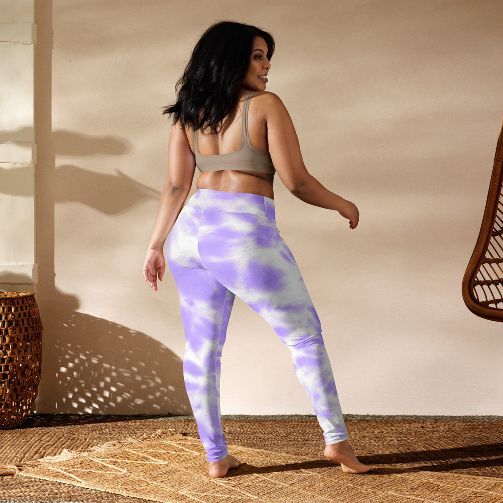 Women’s purple and white tie dye high waisted buttery soft yoga leggings shown from front side