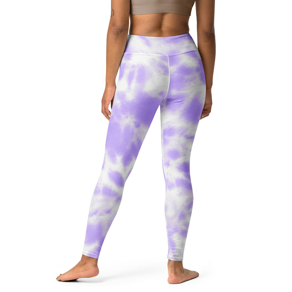Women’s purple and white tie dye buttery soft high waisted yoga leggings shown from the back