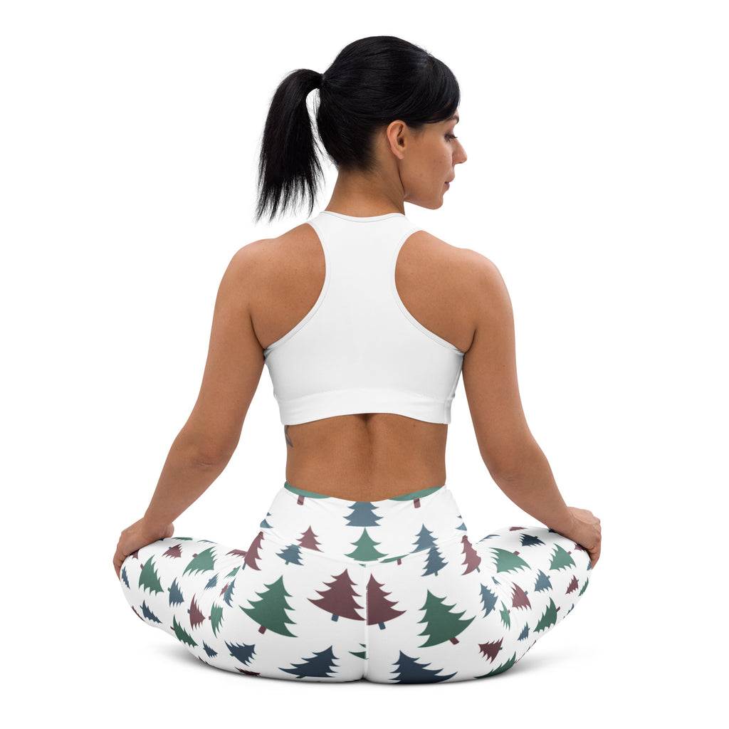 White buttery soft yoga leggings with green and maroon pine tree pattern for women christmas wear