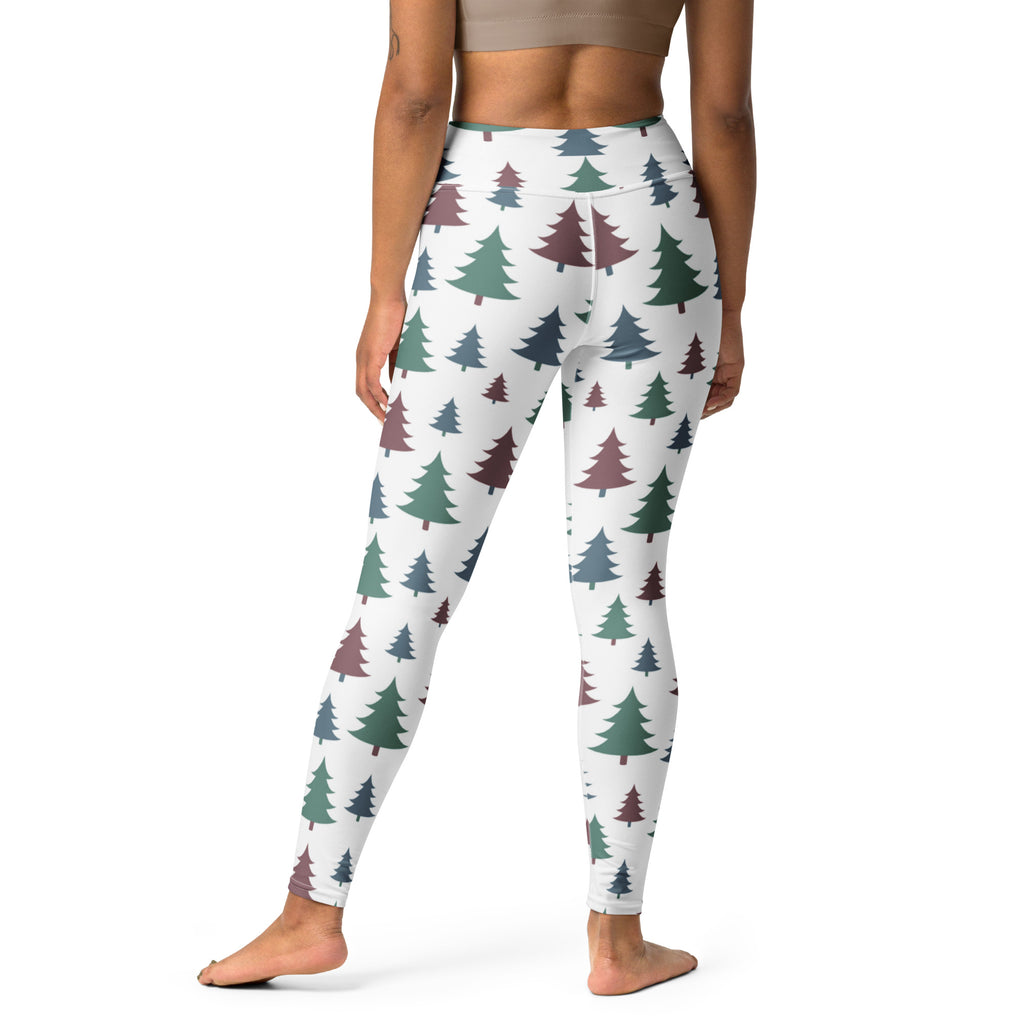 White buttery soft women’s yoga leggings with green and maroon pine tree pattern for christmas wear