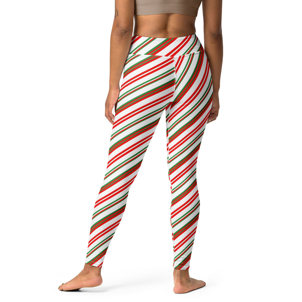 Women’s high-waisted candy cane stripe buttery soft yoga leggings with red green and white diagonal stripes