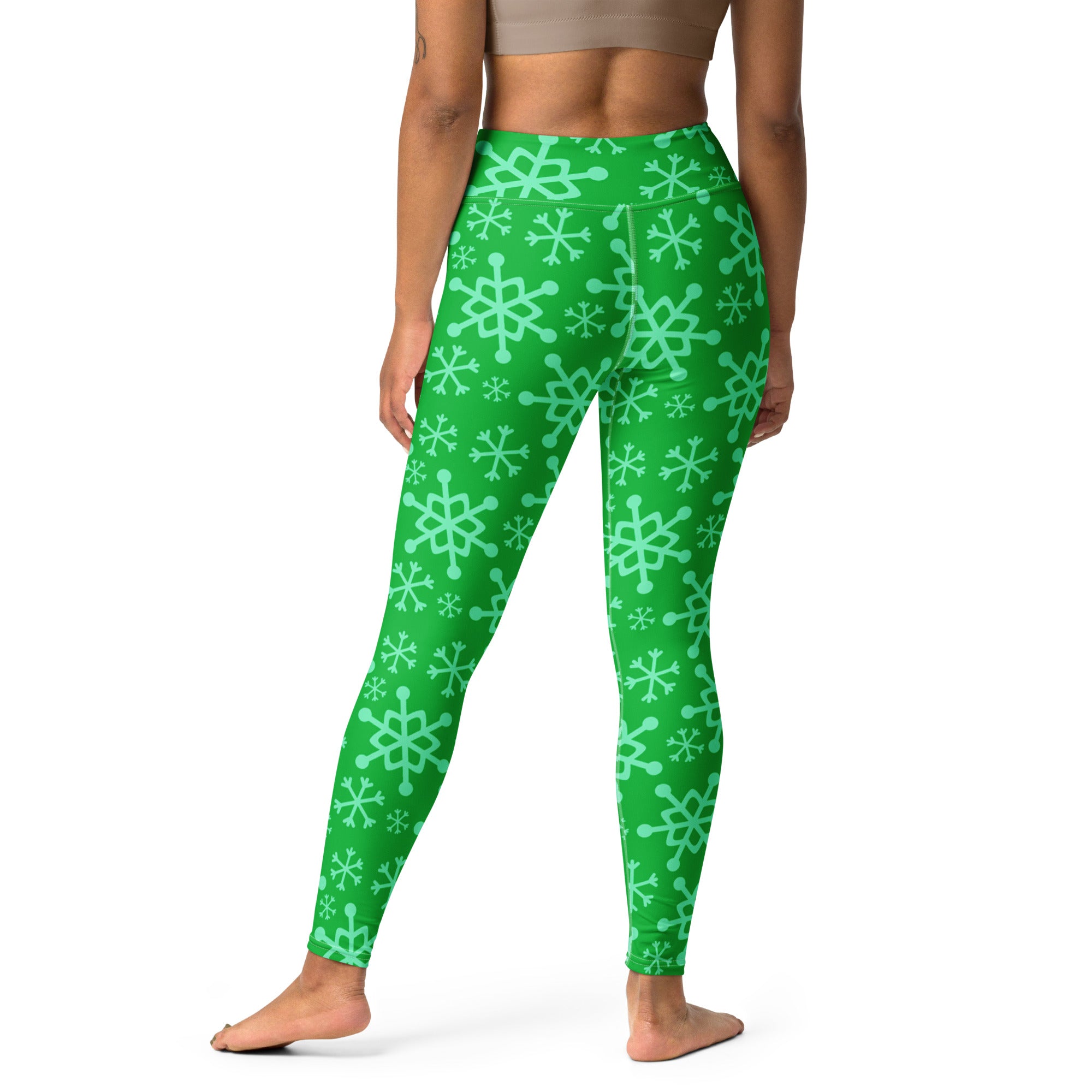 Women’s green snowflake high-waisted buttery soft yoga leggings designed for comfort and style during workouts