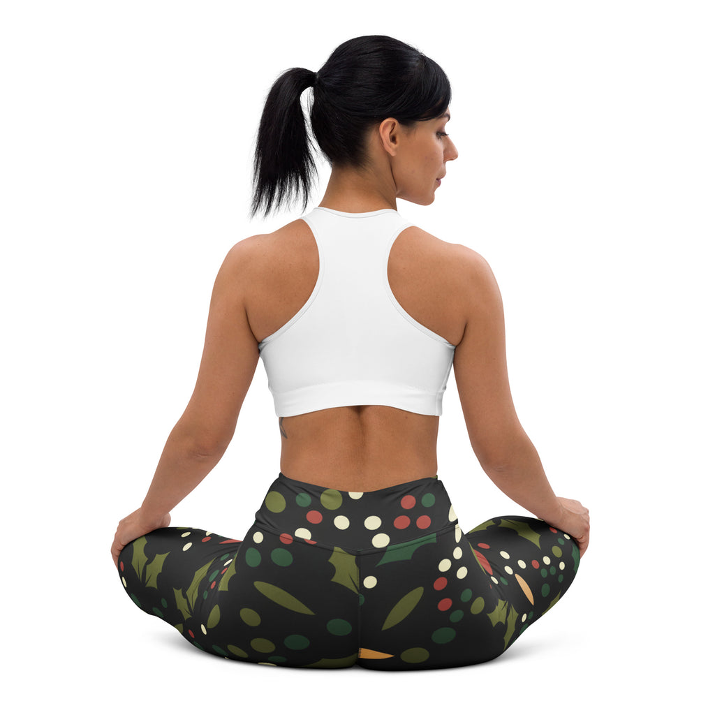 Women’s holly berry buttery soft yoga leggings in black with festive green holly leaves red and white polka dots