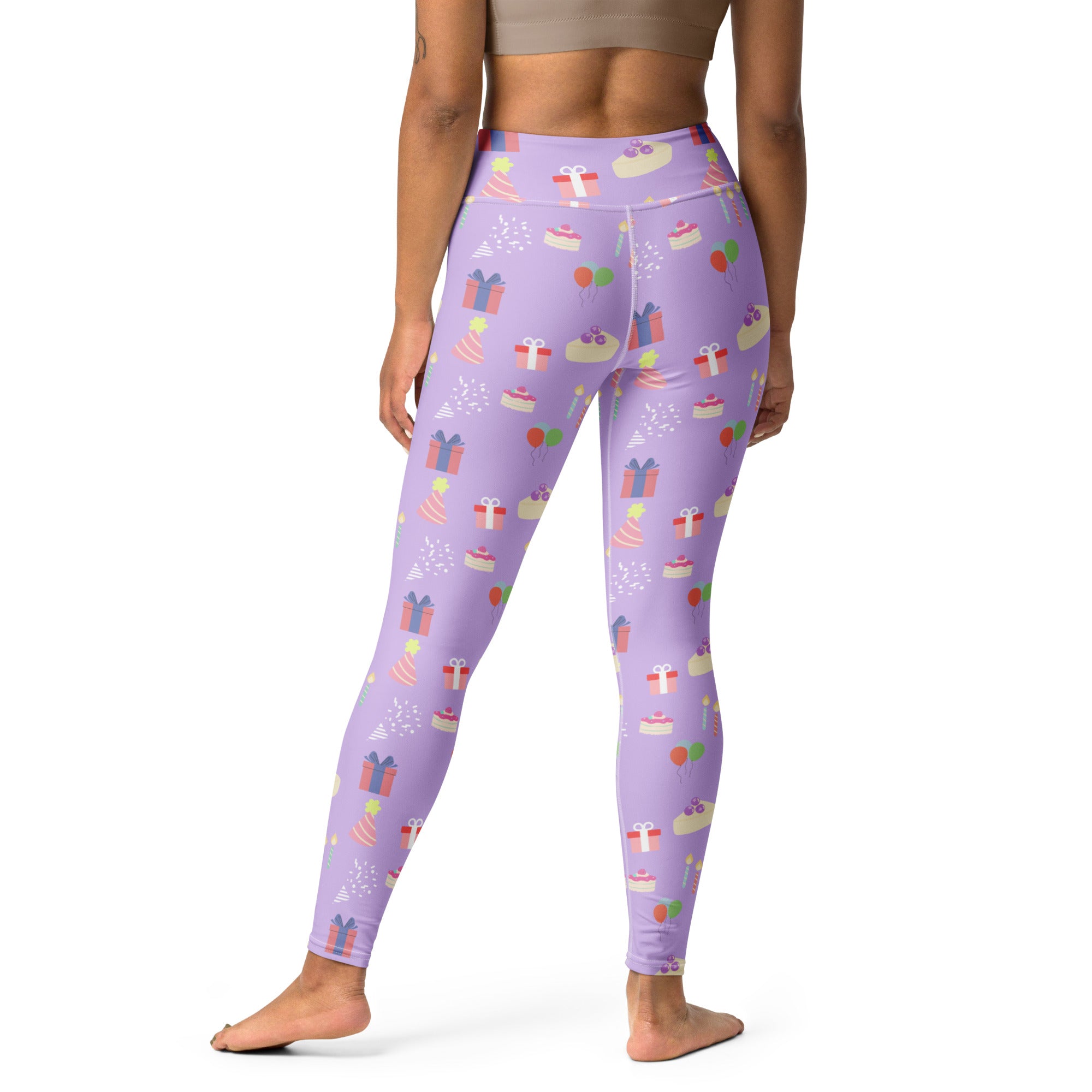 Women’s purple buttery soft yoga leggings with playful birthday cake gift and balloon pattern