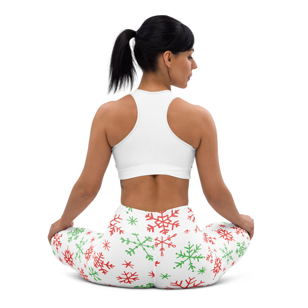 White buttery soft leggings with red and green snowflake patterns for women’s christmas yoga wear