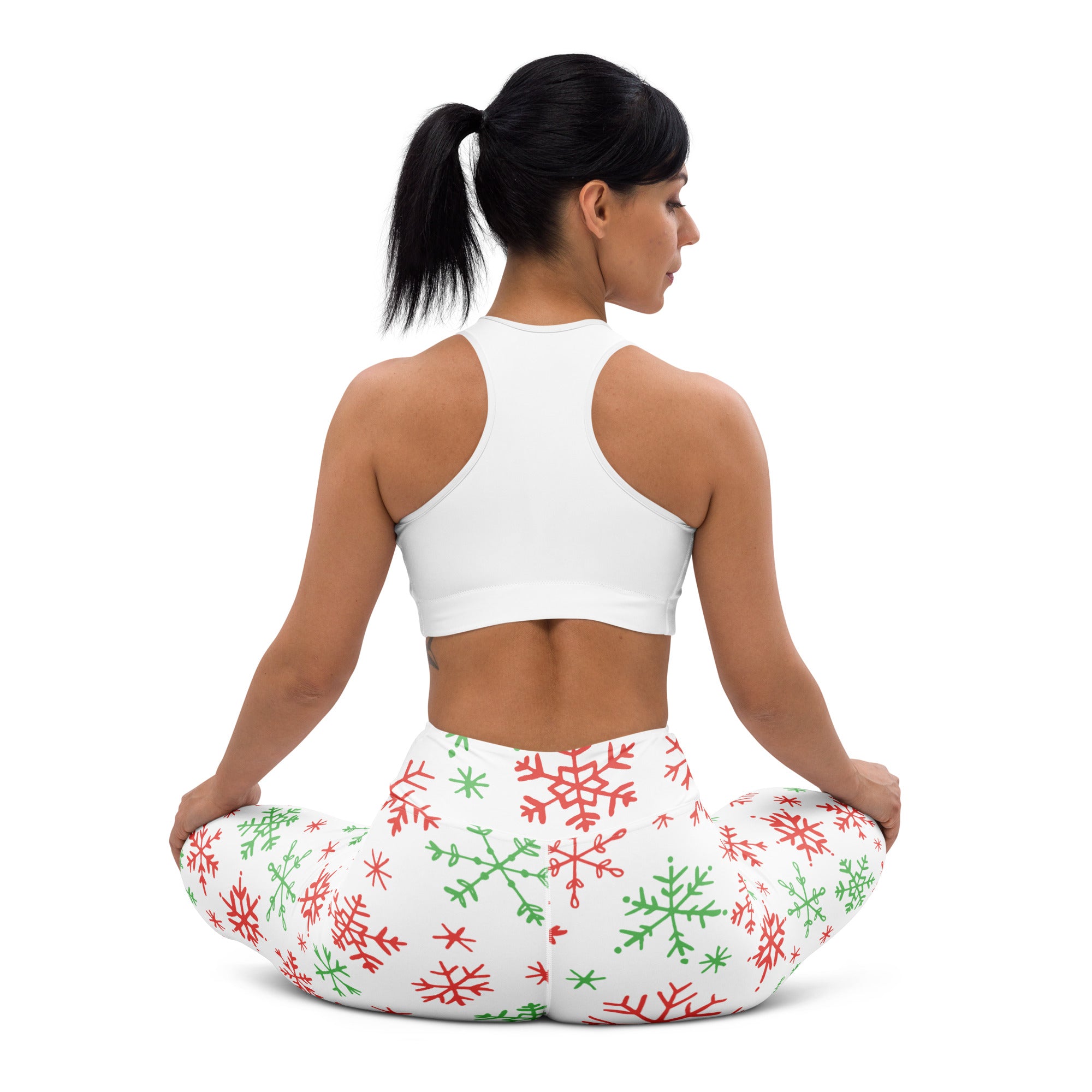 White buttery soft leggings with red and green snowflake patterns for women’s christmas yoga wear