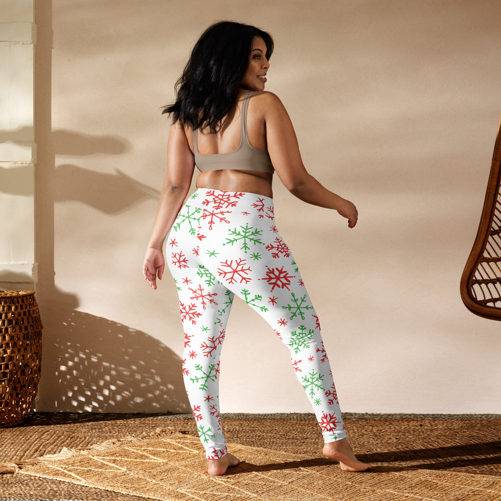 White buttery soft women’s yoga leggings with red and green snowflake festive pattern for christmas wear