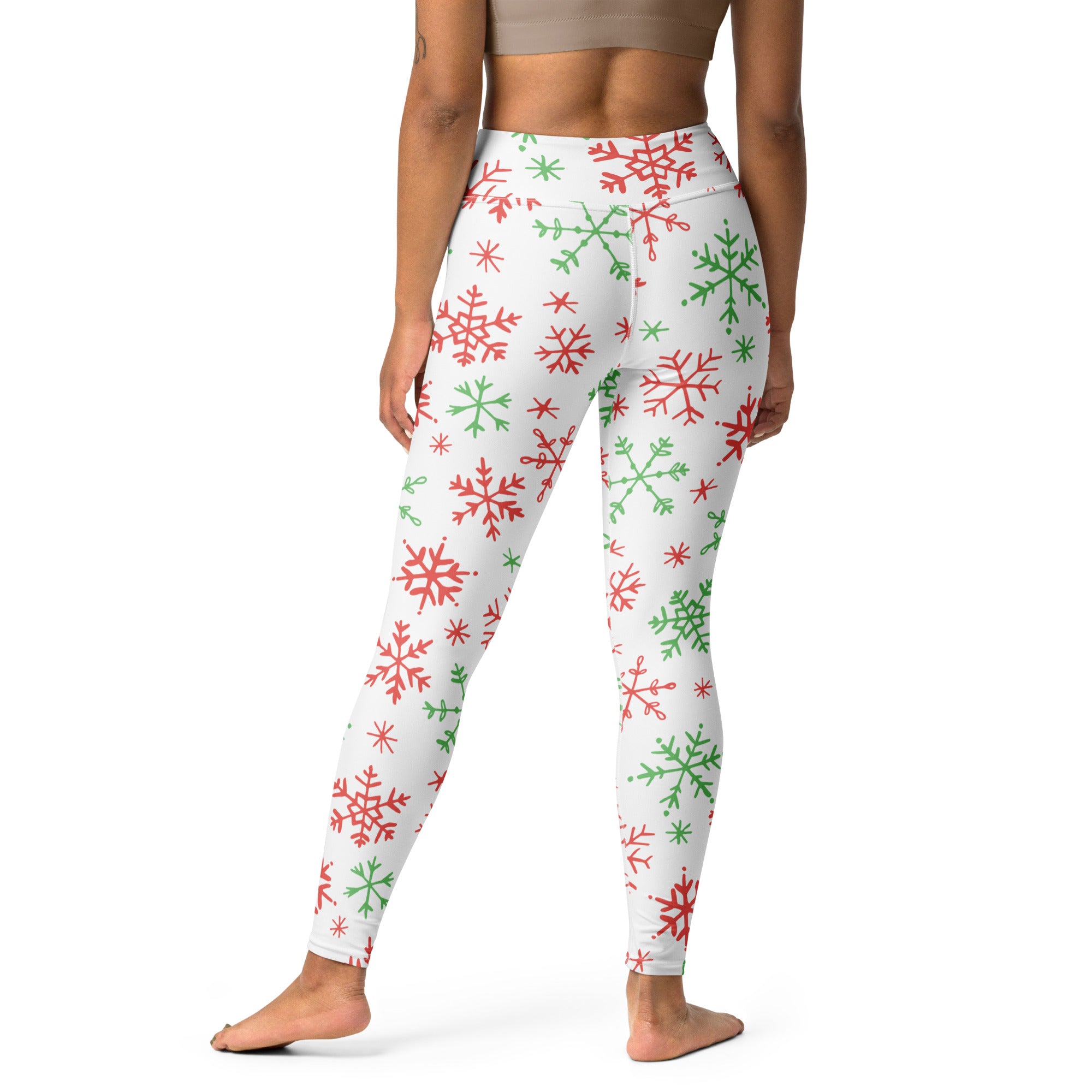 Women’s white buttery soft yoga leggings with red and green snowflake festive pattern for christmas wear