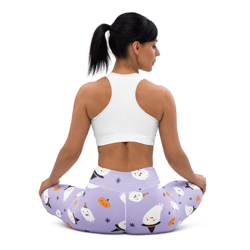 Lavender women’s witch ghost buttery soft yoga leggings with playful halloween ghost pumpkin and star pattern