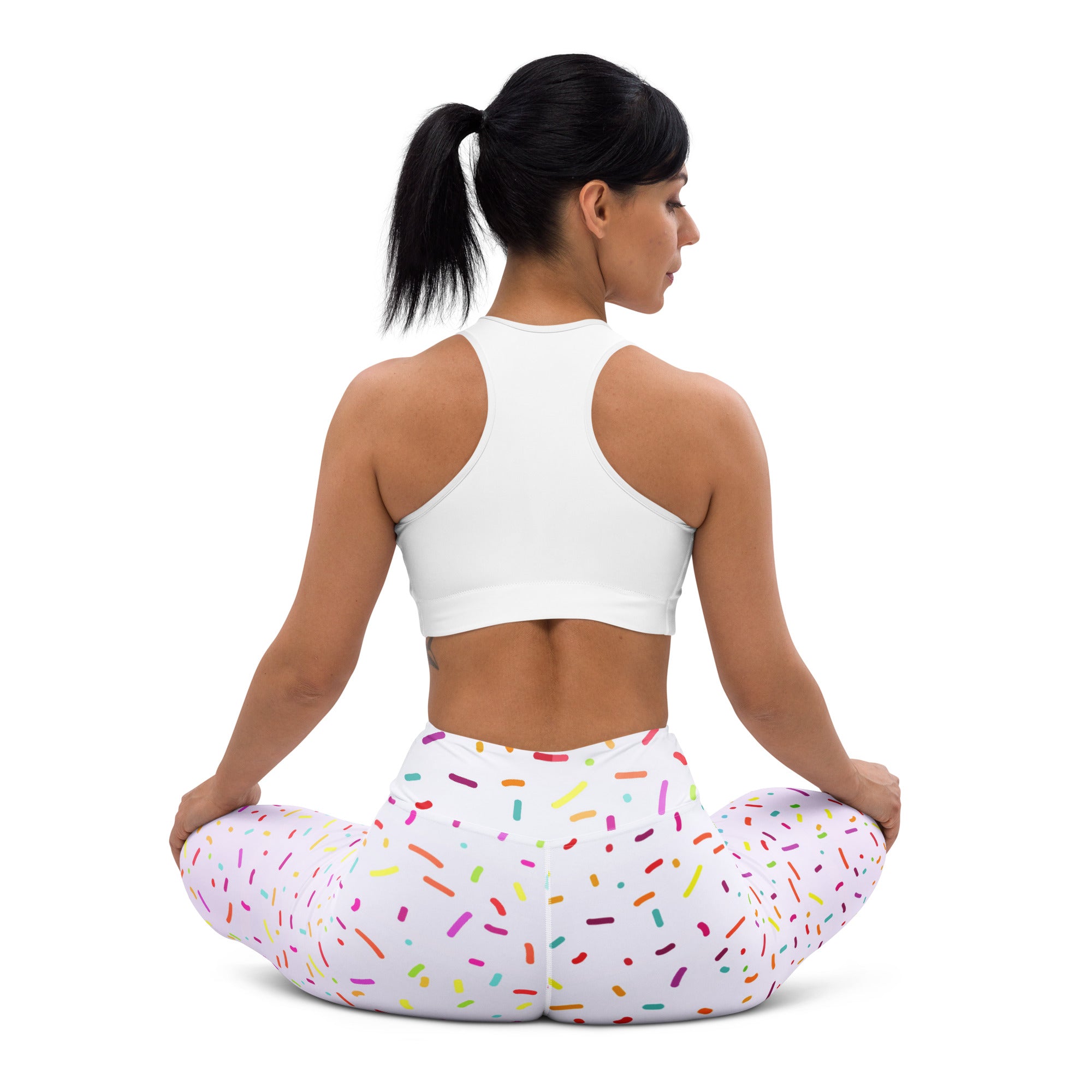 Women’s white buttery soft yoga leggings with colorful sprinkle pattern for playful activewear look