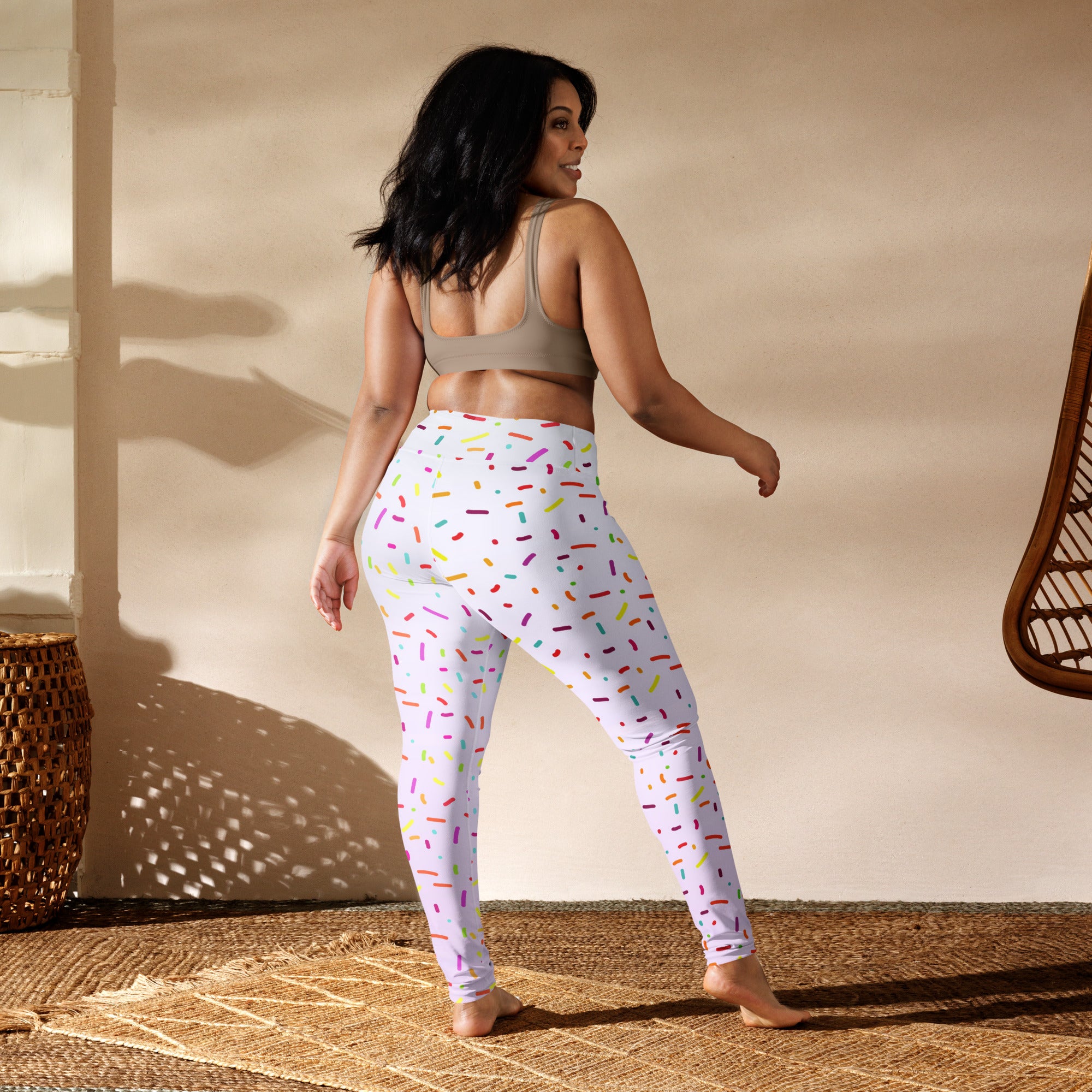 Women’s white buttery soft yoga leggings with colorful multicolored sprinkles playful pattern