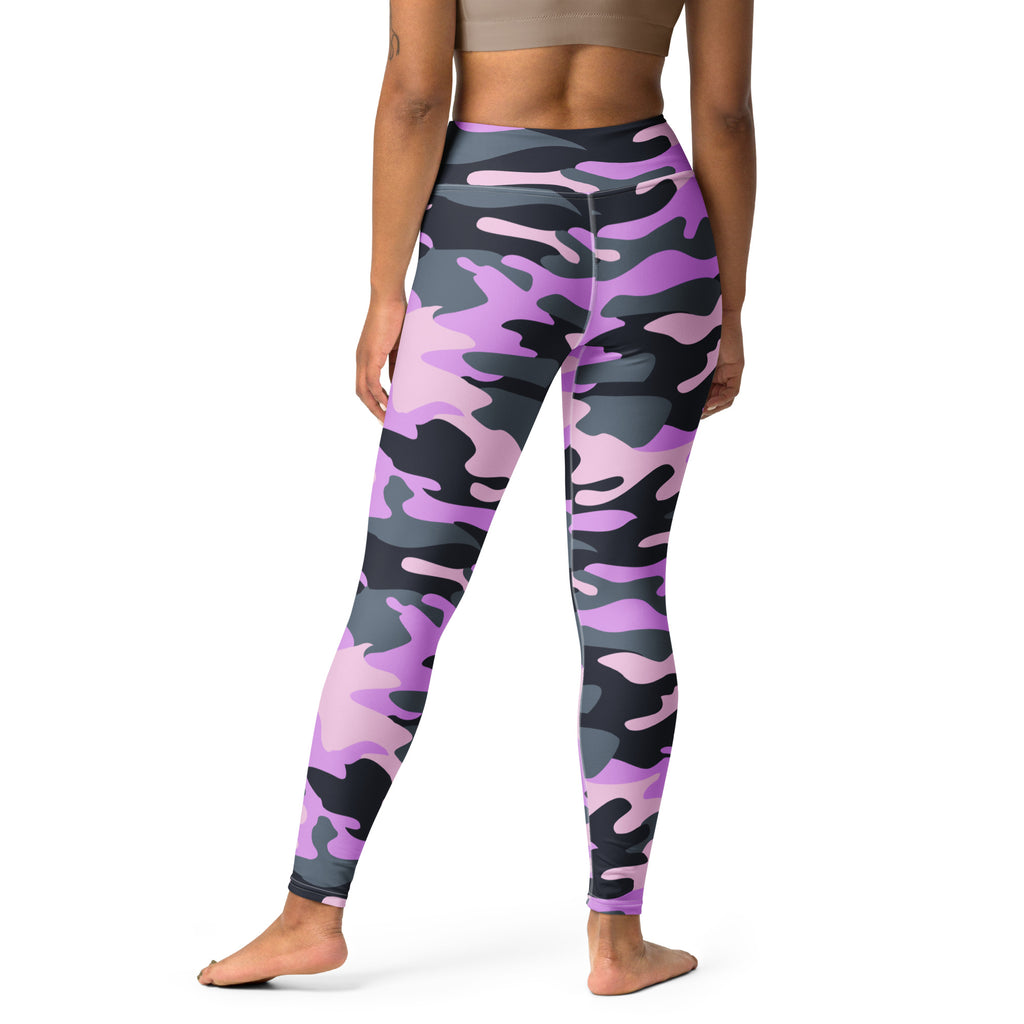 Women’s purple and black camouflage high-waisted buttery soft yoga leggings shown from the back side