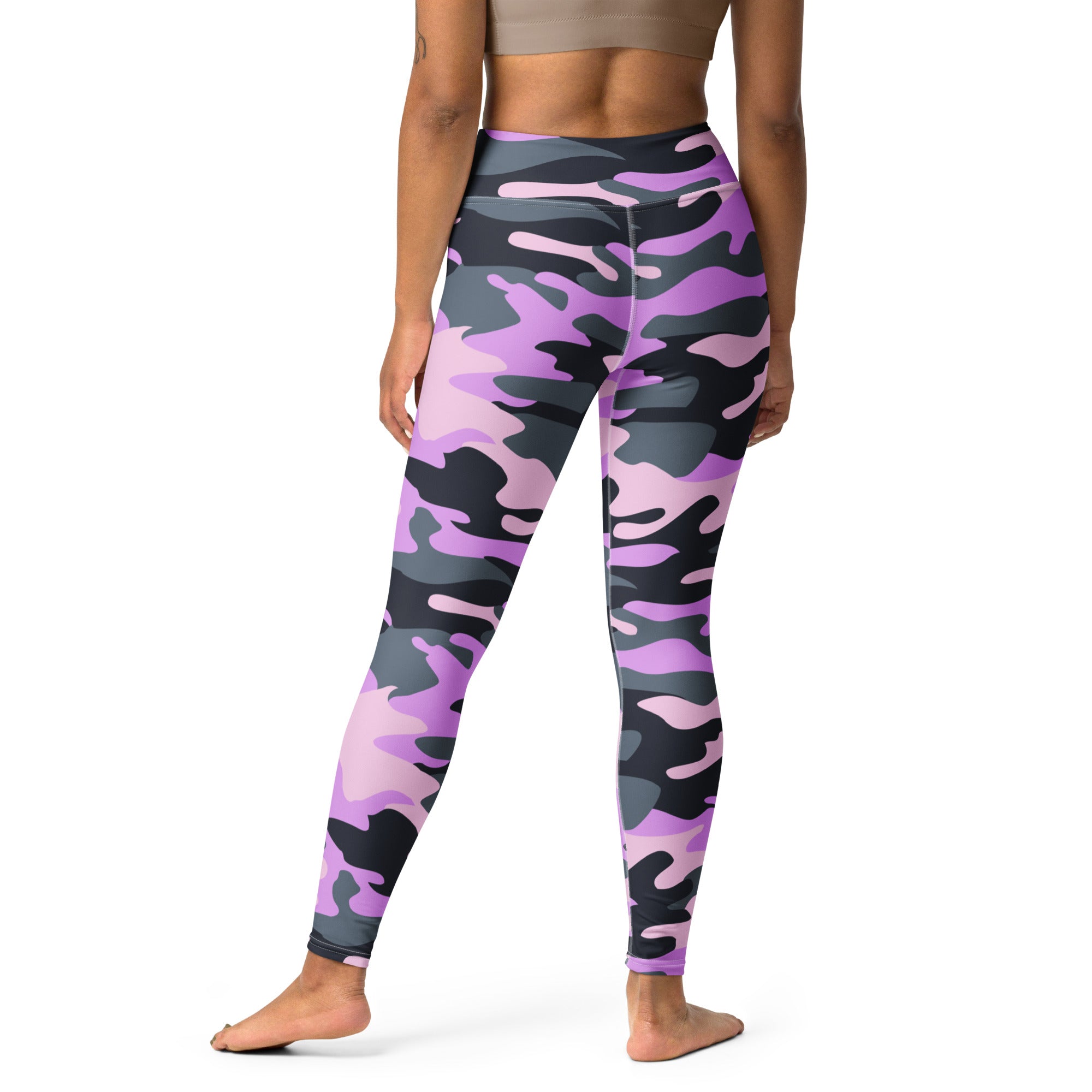 Women’s purple and black camouflage high-waisted buttery soft yoga leggings shown from the back side