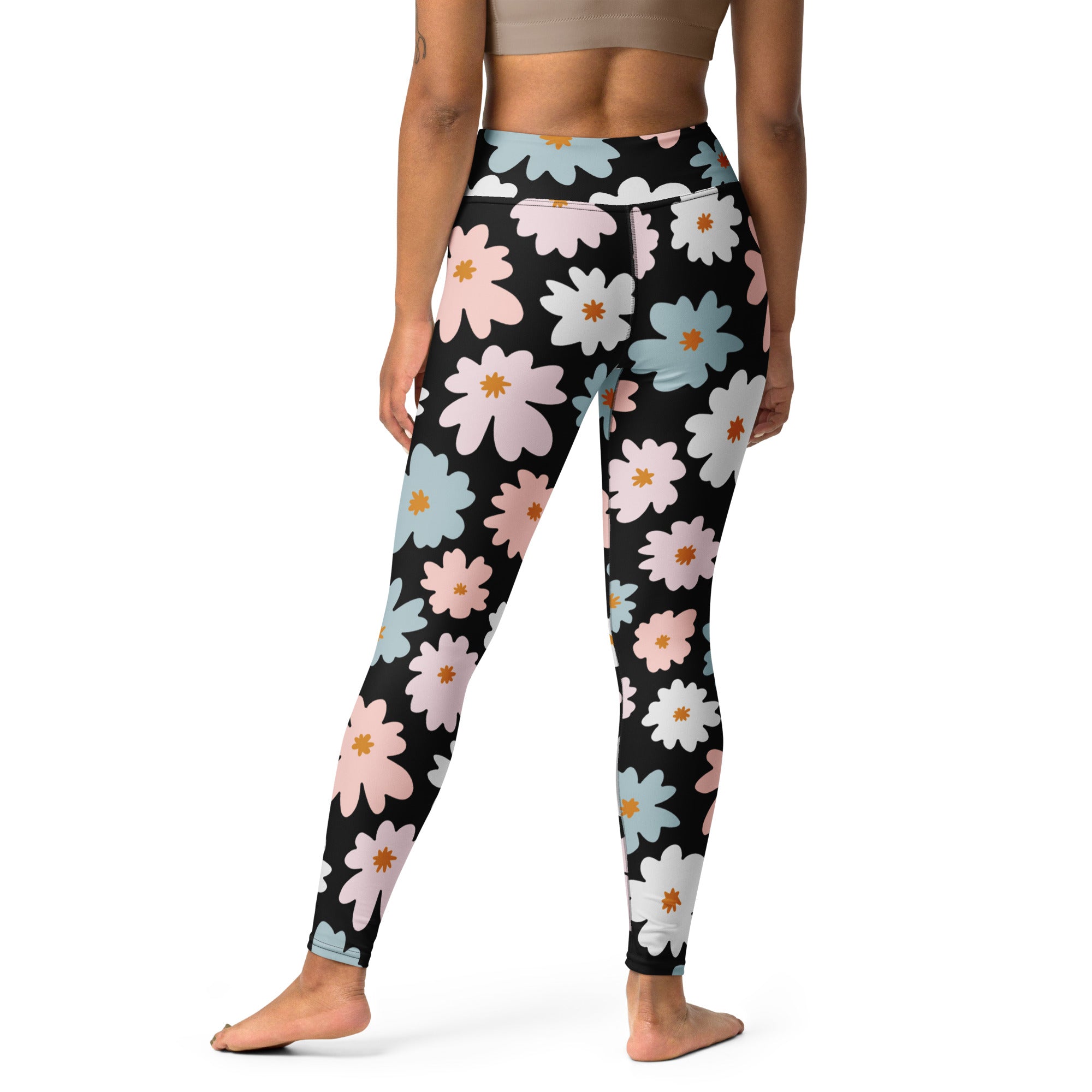 Black high-waisted women’s retro floral buttery soft yoga leggings with pink white and light blue daisy pattern