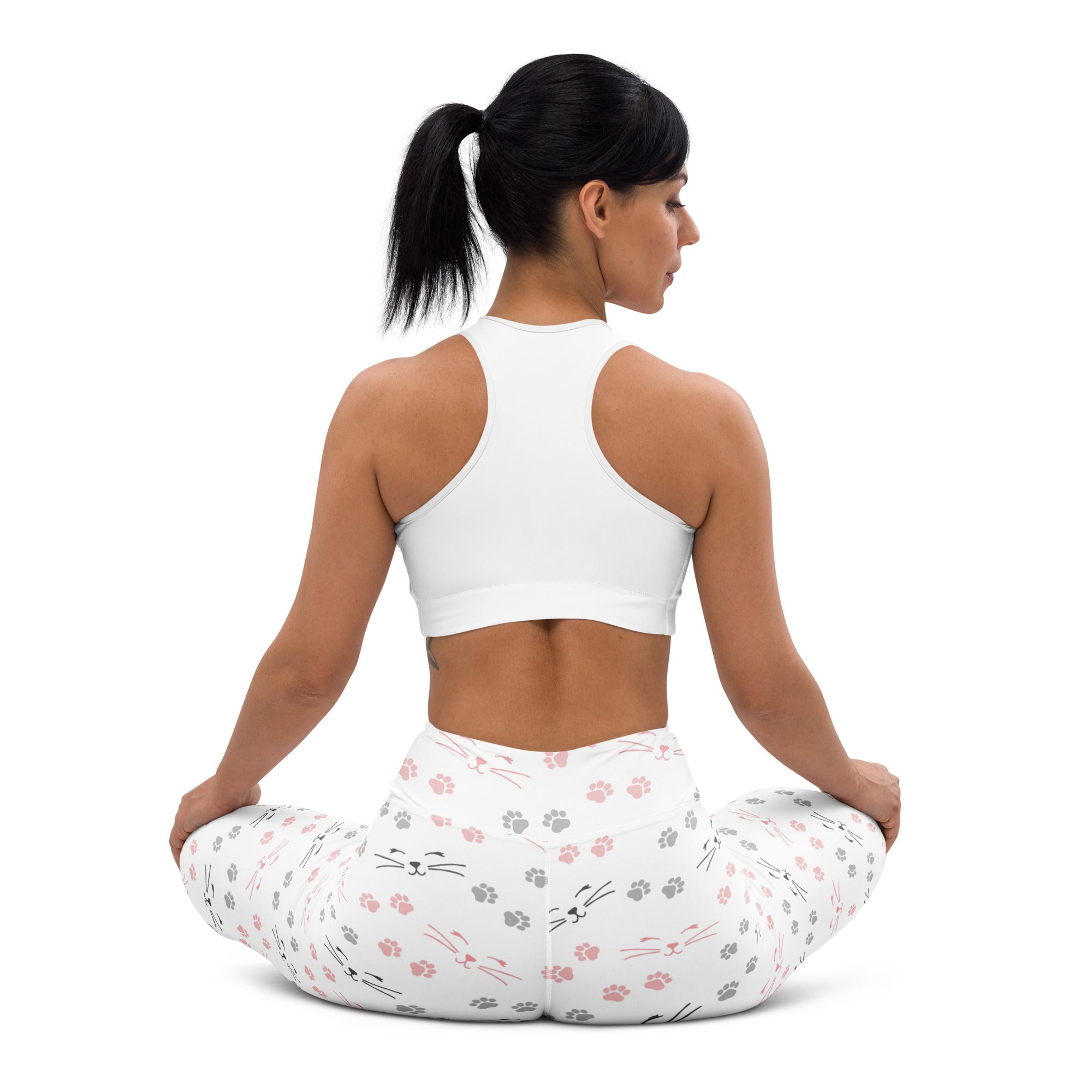 White buttery soft yoga leggings with playful pink and gray cat faces and paw prints pattern for women