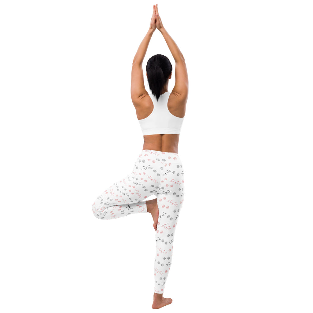 White buttery soft yoga leggings with subtle gray and pink cat paw print pattern for women