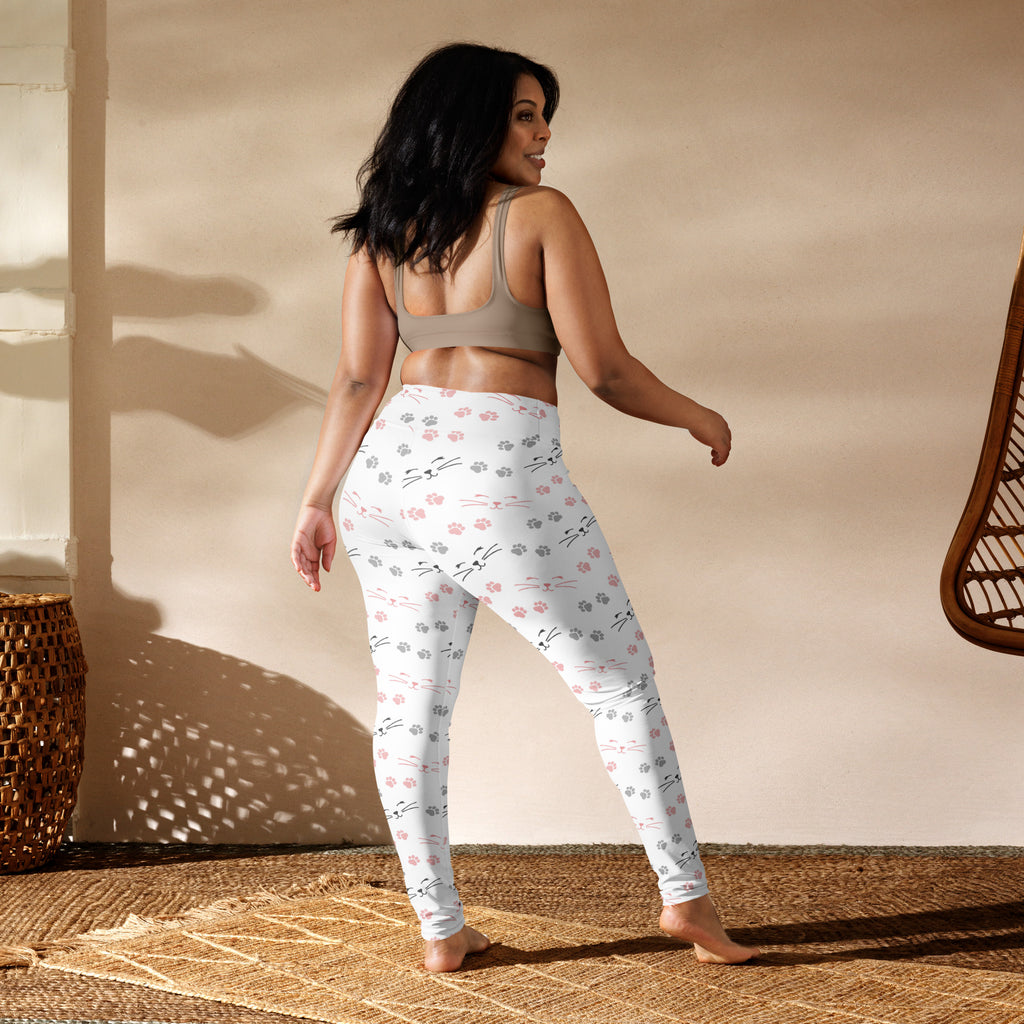 White buttery soft yoga leggings with playful pink and gray cat paw prints and whiskers pattern for women