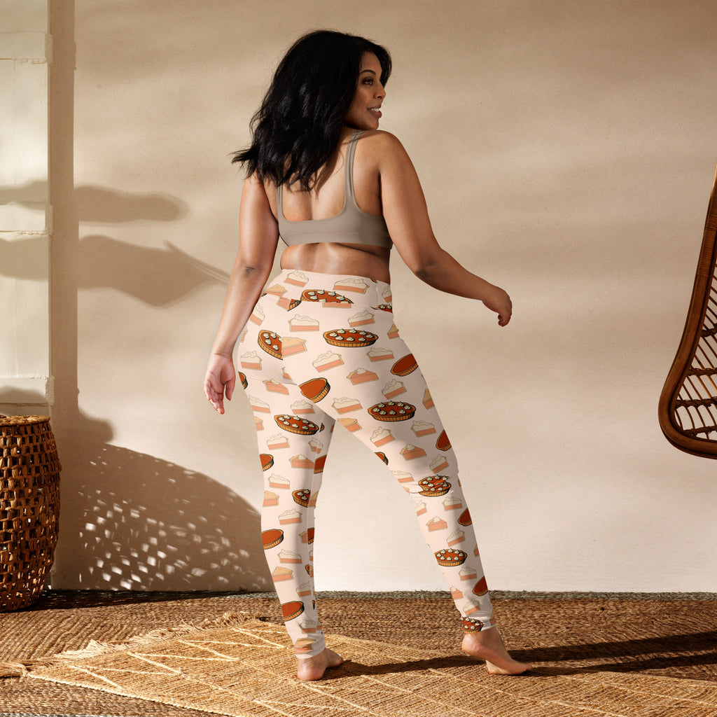 Women’s buttery soft cream-colored leggings with playful illustrated pumpkin pie pattern for thanksgiving yoga