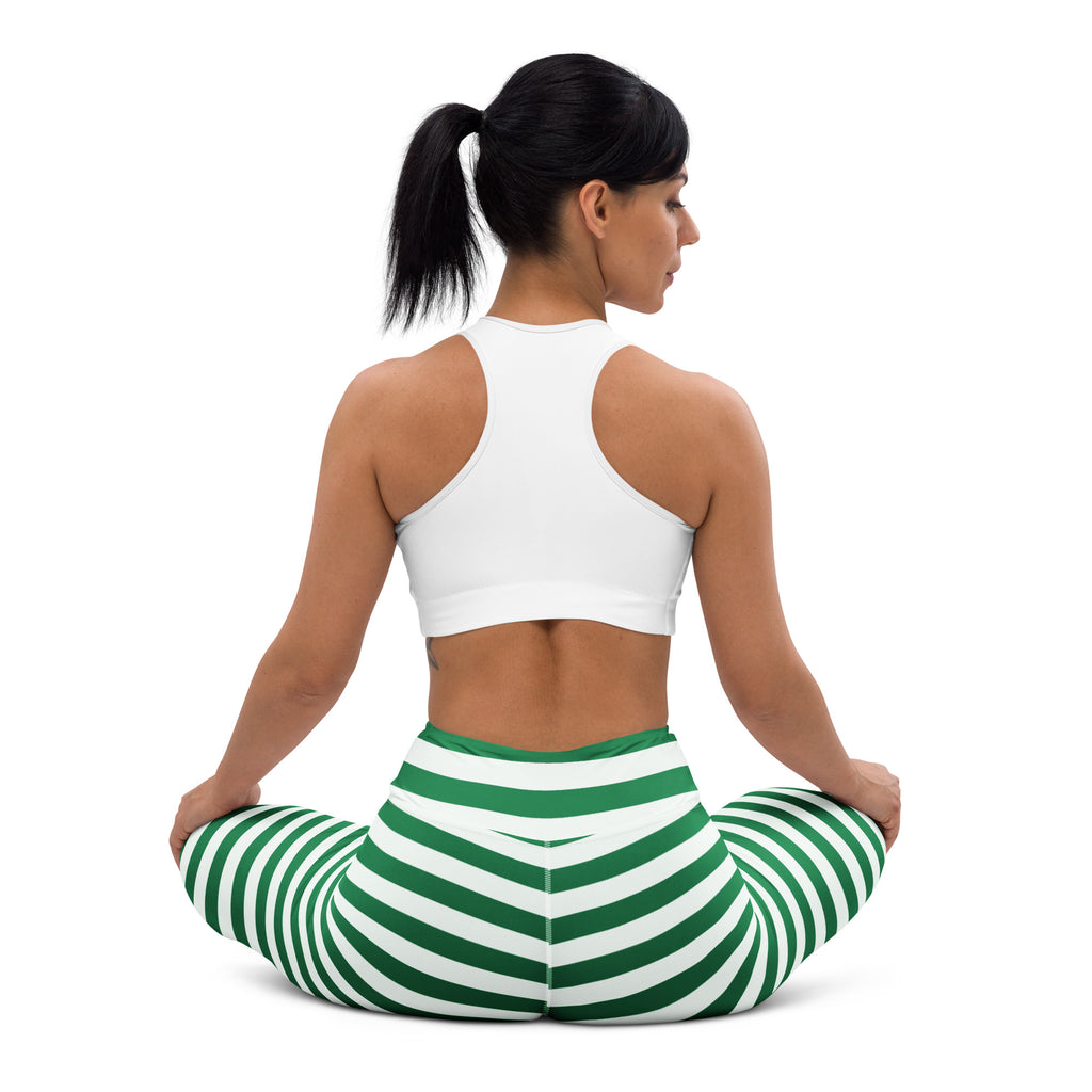 Women’s green and white striped buttery soft yoga leggings designed for comfort and flexibility during workouts