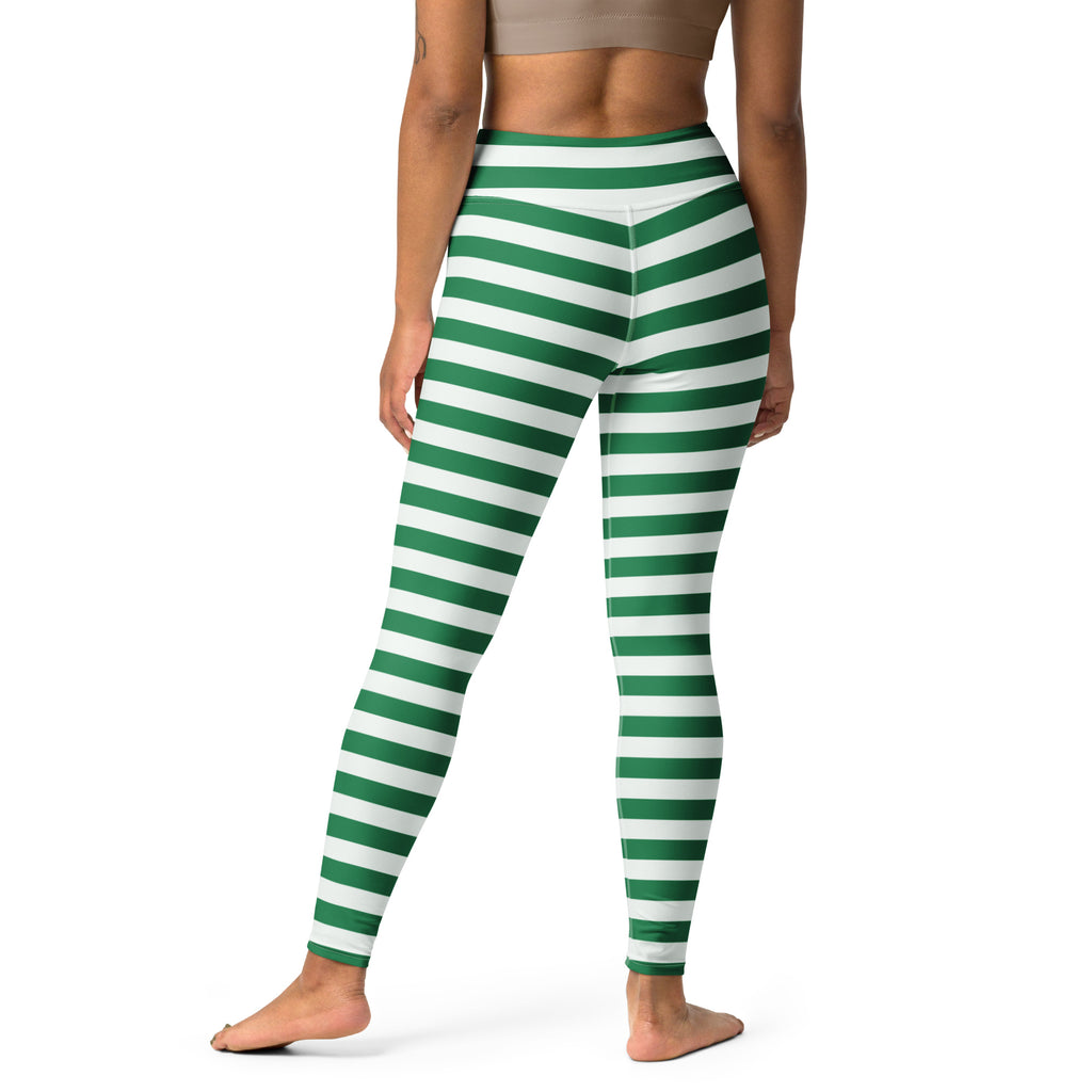 Women’s green and white striped buttery soft high waisted yoga leggings shown from the front
