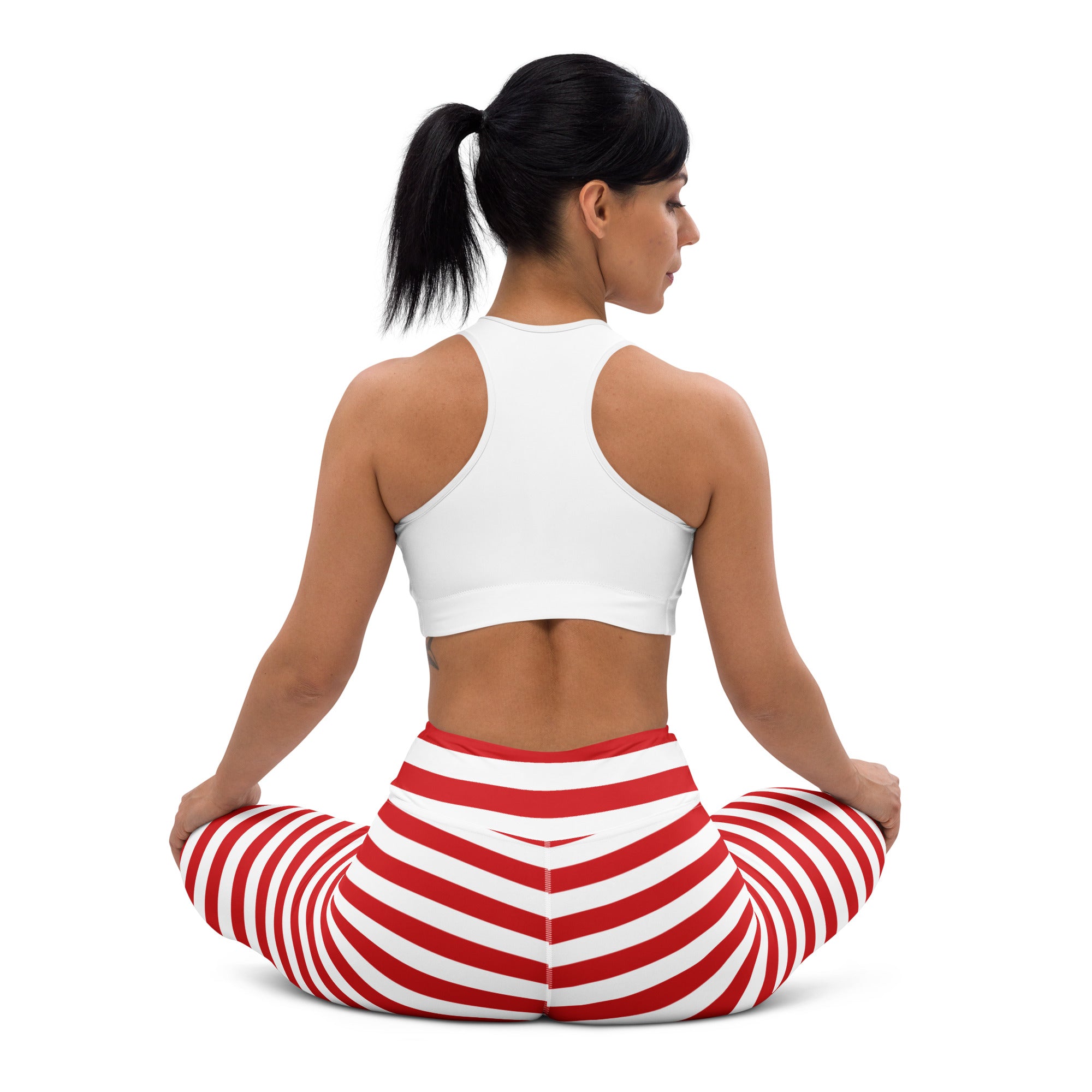Women’s red and white striped buttery soft yoga leggings with horizontal stripes for comfortable activewear