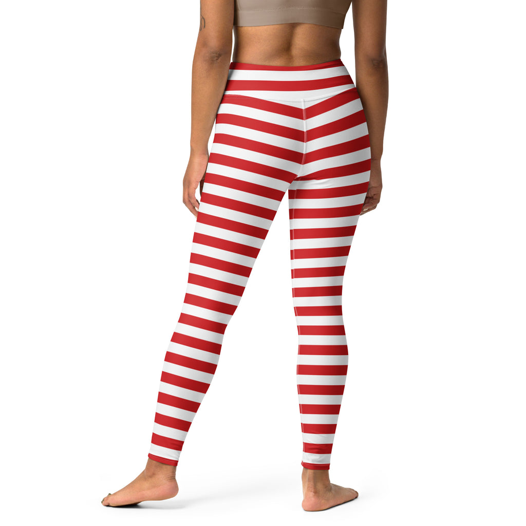 Women’s red and white striped high waisted buttery soft yoga leggings shown from the front