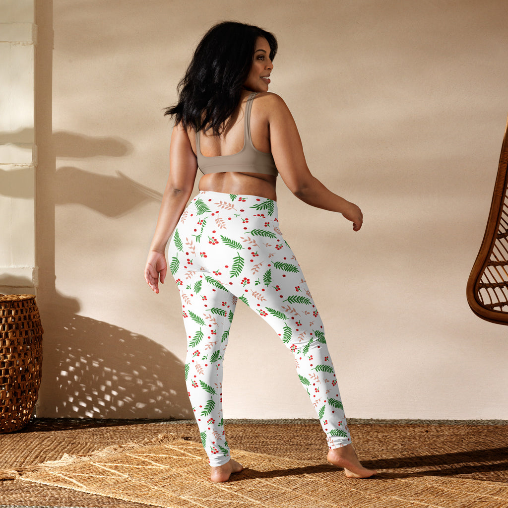 White buttery soft yoga leggings with green leaf and red berry pattern for women winter wear
