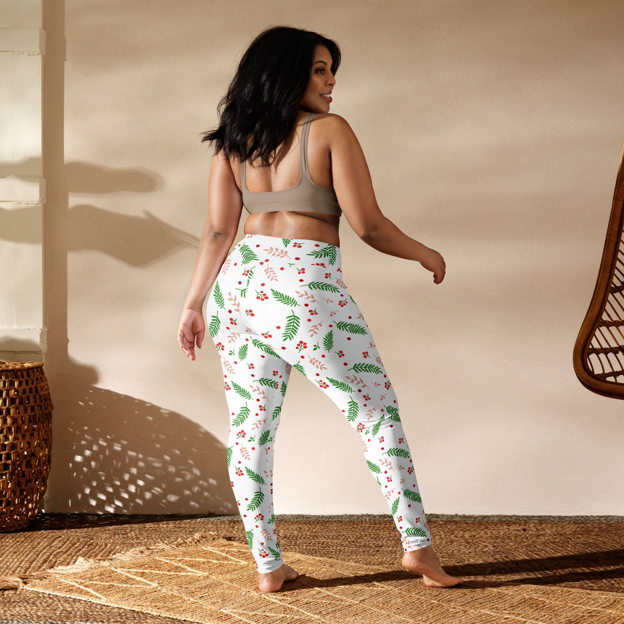 White buttery soft yoga leggings with green leaf and red berry pattern for women winter wear
