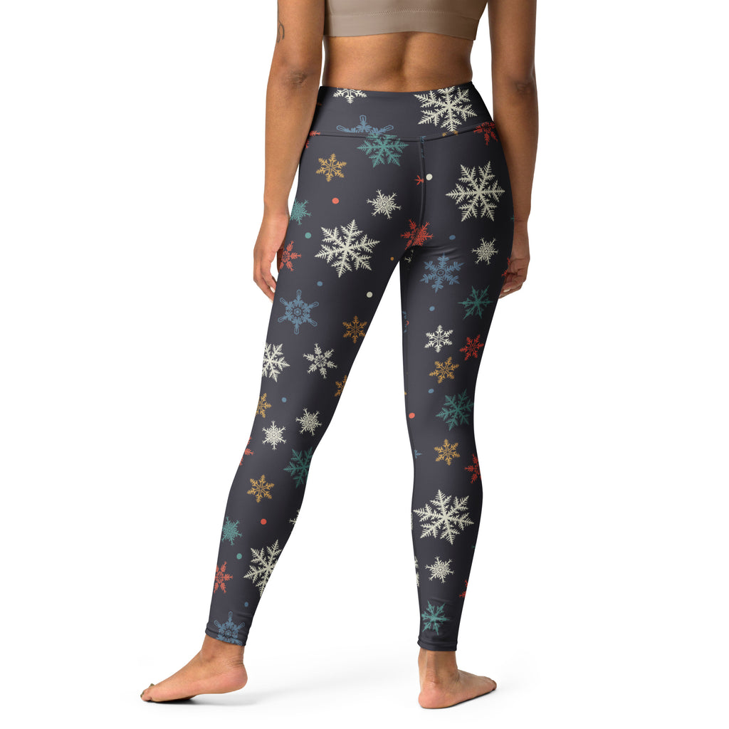 Women’s winter snowflake buttery soft yoga leggings in dark gray with multicolored festive snowflake pattern