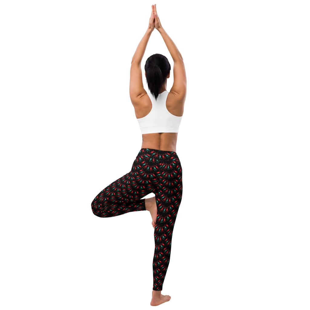Women’s buttery soft black leggings with vibrant red and green chili pepper pattern for christmas lights yoga