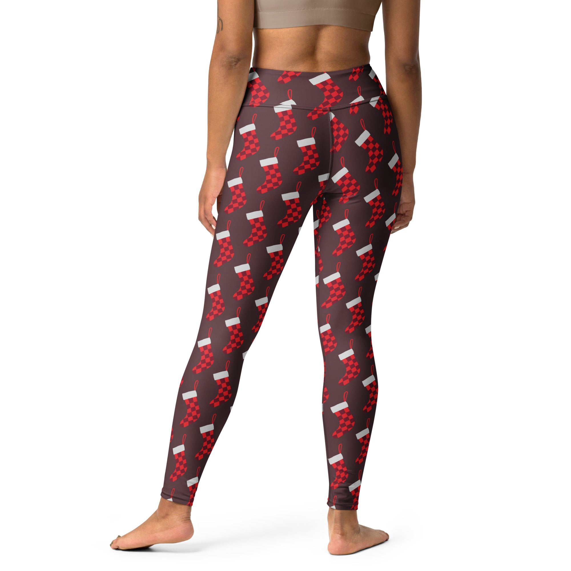 Women’s buttery soft yoga leggings in red and white christmas stocking pattern with high waist design